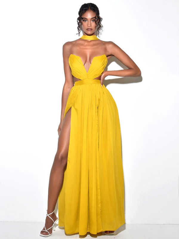 Xella Yellow Silk Pleated Chiffon Maxi Dress