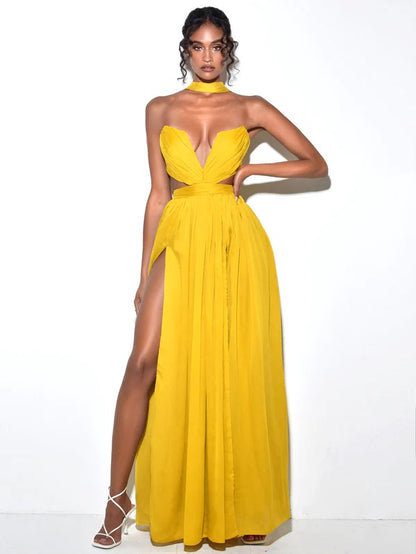 Xella Yellow Silk Pleated Chiffon Maxi Dress