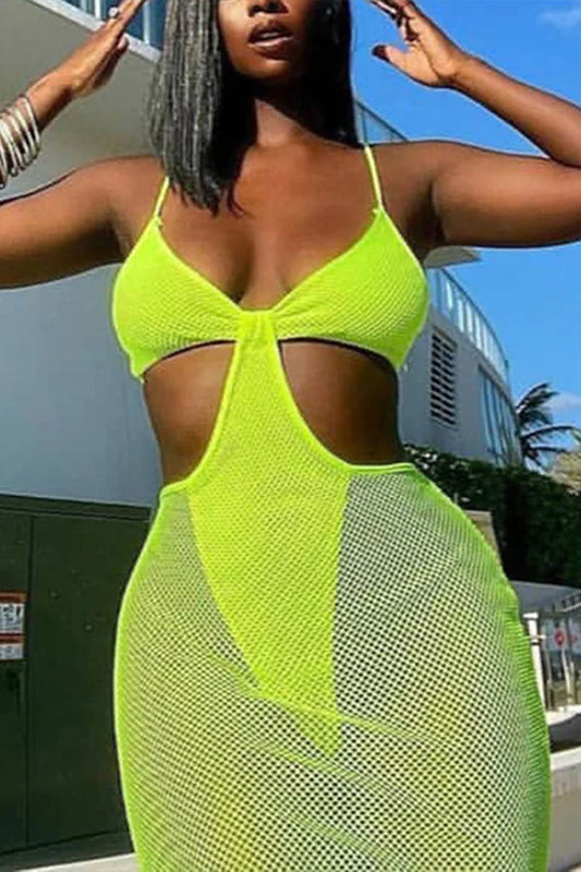 Solid Cutout Sheer Mesh Cami Maxi Dress (Lime Green)