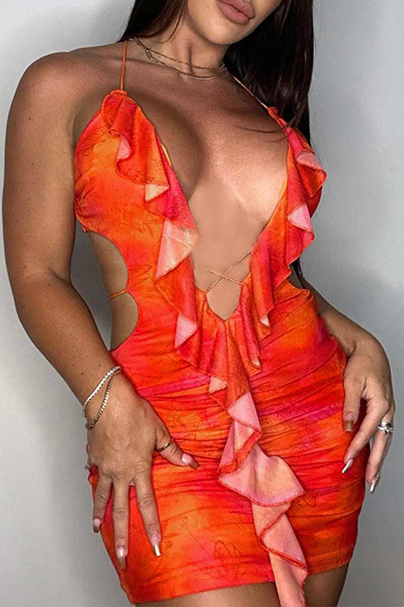 Sexy Cutout Ruffle Edge Backless Bodycon Pencil Dress