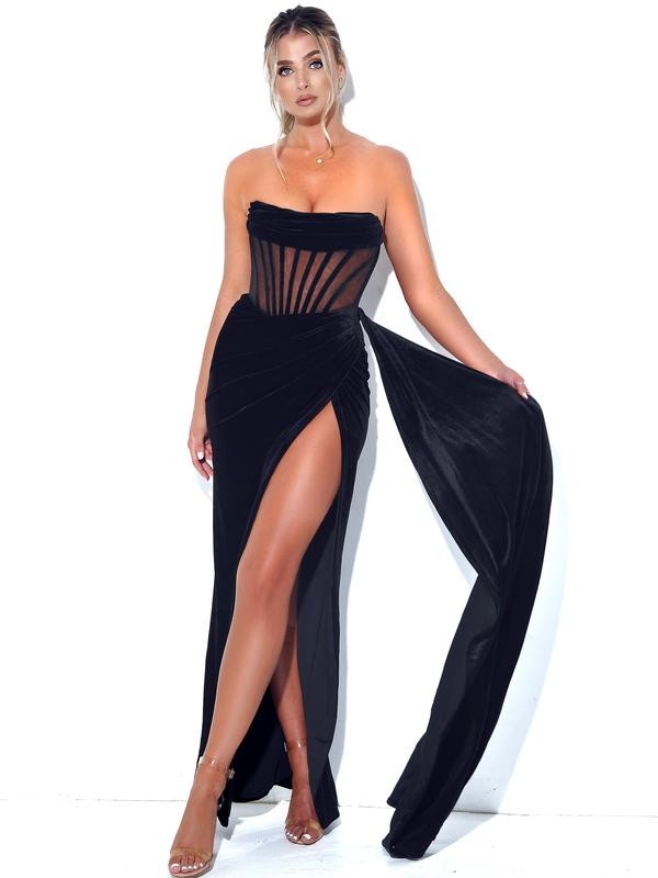 Priya Black Draping Corset High Slit Velvet Gown