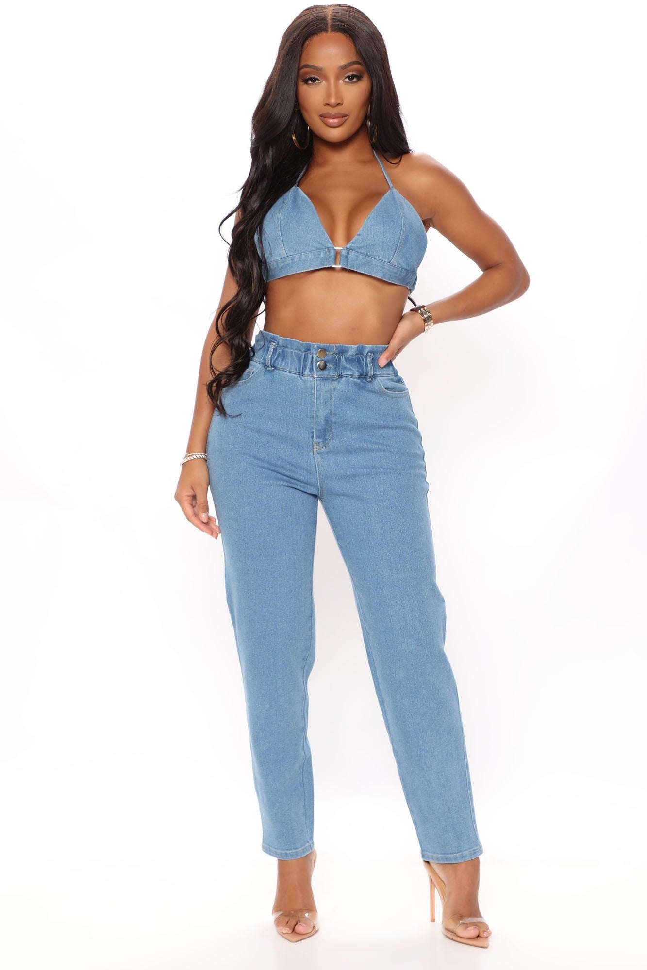 Denim Cropped Pants Set