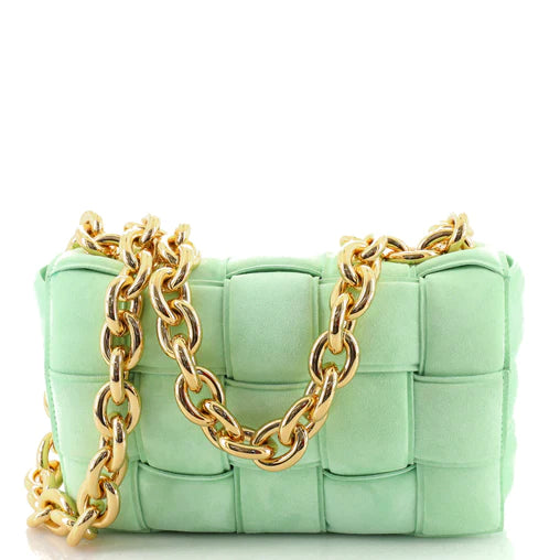 Bottega Venetta Cassette Chain Crossbody Bag Padded Maxi Intrecciato Suede (Mint Green) Comes with Cert of Authenticity)