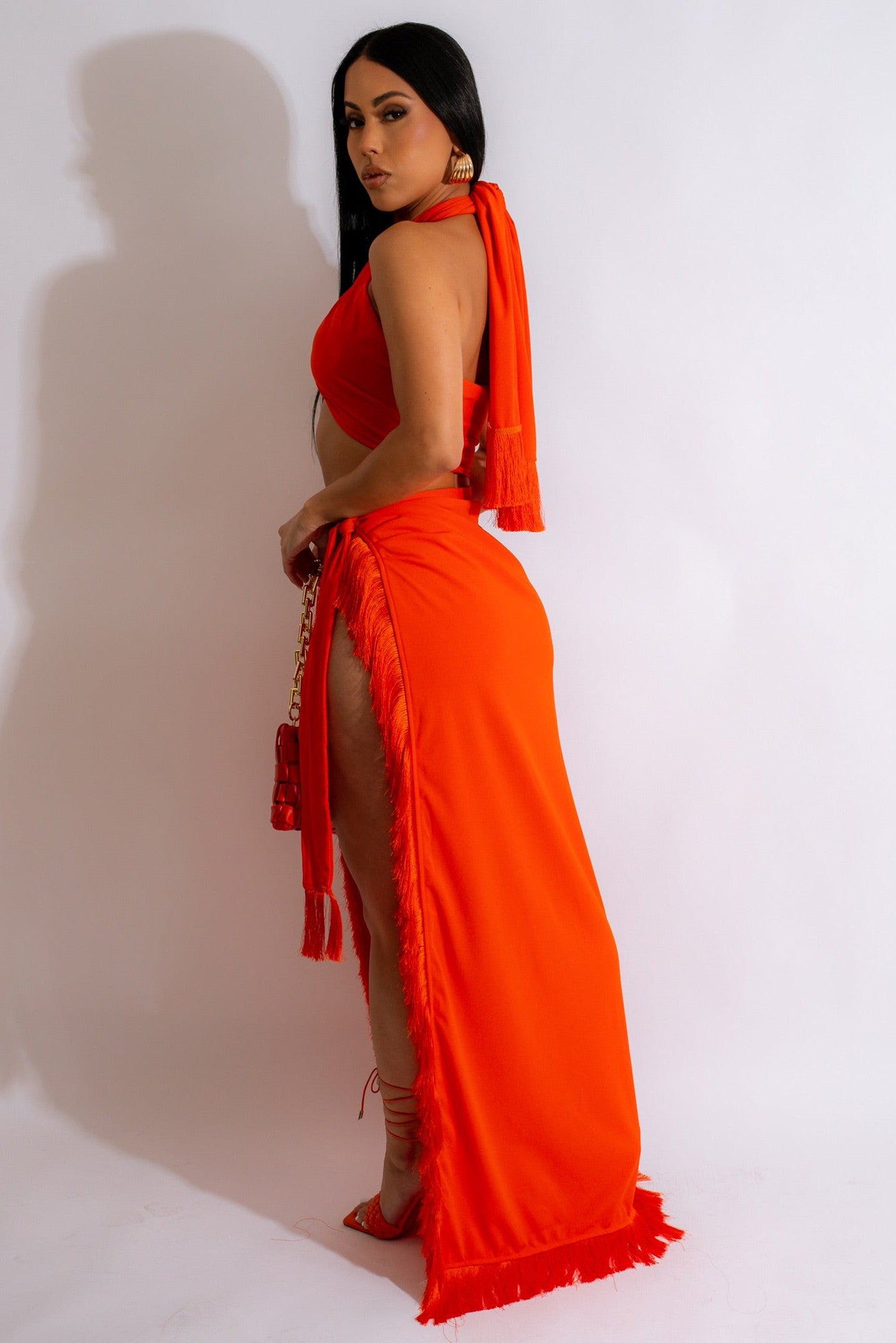 Frida Fringe Detail Skirt Set in Orange