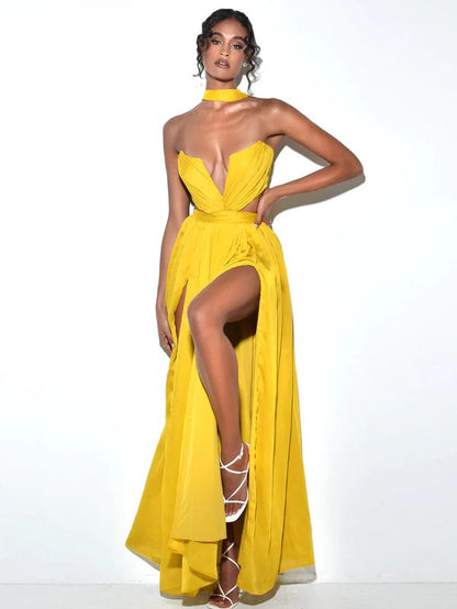 Xella Yellow Silk Pleated Chiffon Maxi Dress