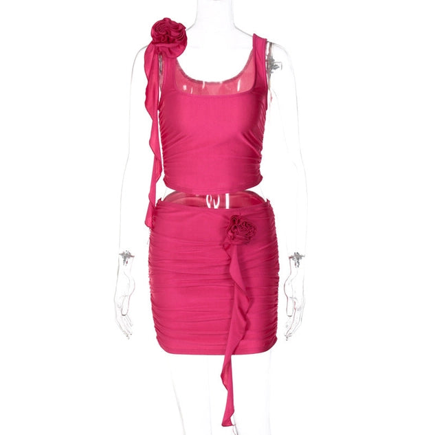 Macii Square Neckline Sleeveless Sexy Top and Skirt Set Pink