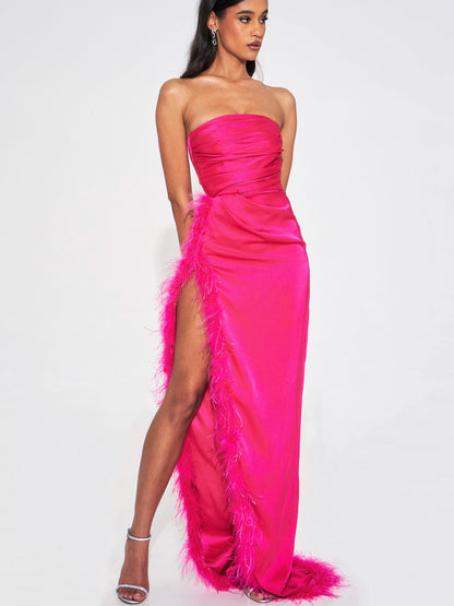 Perrin Fuchsia Feather High Slit Gown