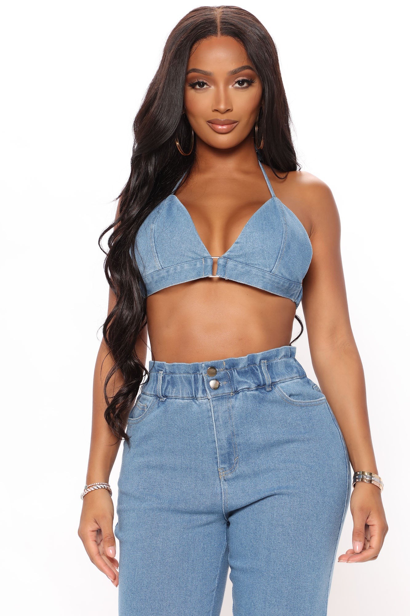 Denim Cropped Pants Set