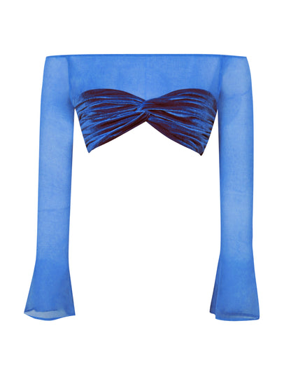 Brucie Royal Blue Velvet Mesh Sleeve Crop Top