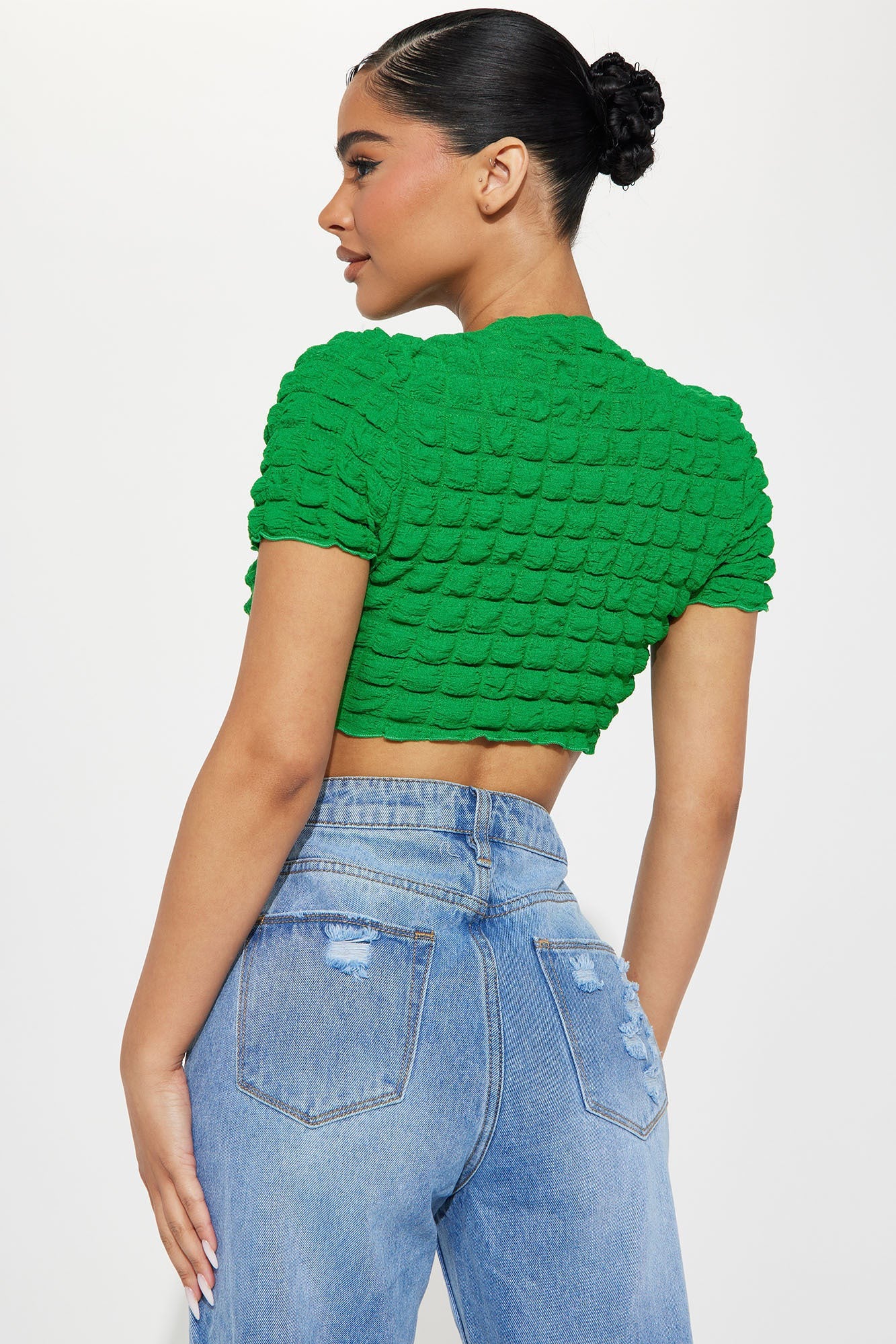 Polly Popcorn Twist Front Crop Top in Green