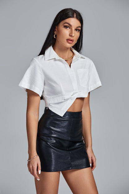 Solid Color Short Sleeve Asymmetric Crop Blouse