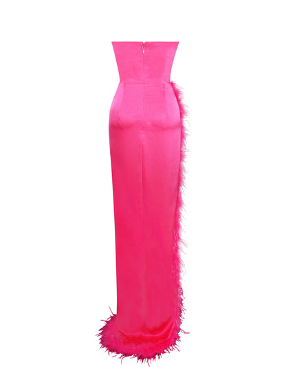 Perrin Fuchsia Feather High Slit Gown