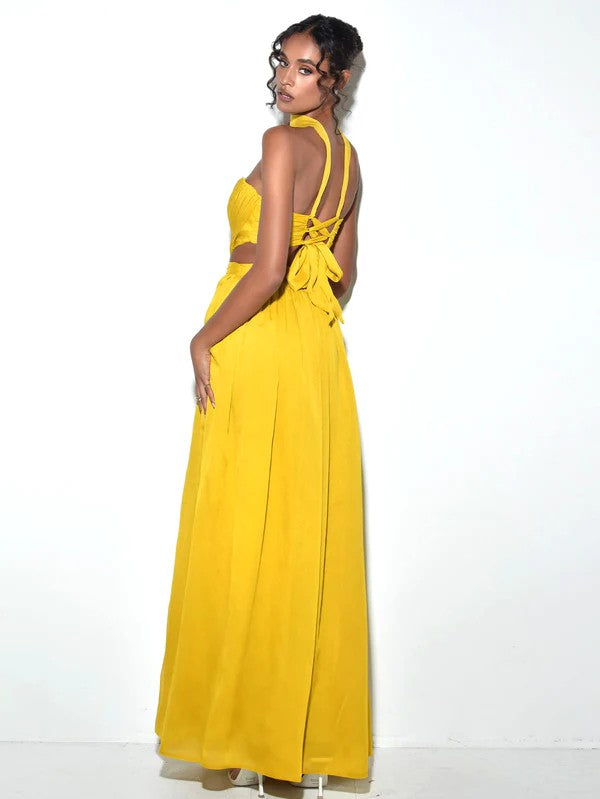 Xella Yellow Silk Pleated Chiffon Maxi Dress