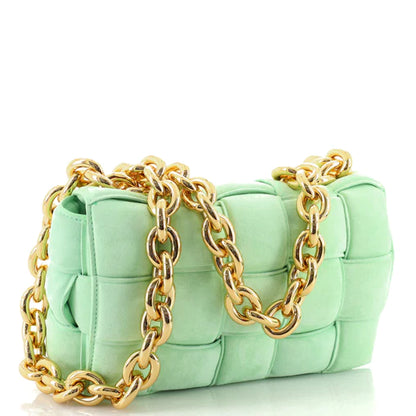 Bottega Venetta Cassette Chain Crossbody Bag Padded Maxi Intrecciato Suede (Mint Green) Comes with Cert of Authenticity)