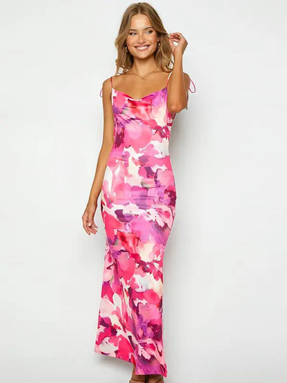 Floral Print Maxi Dress Low Back Pink/White