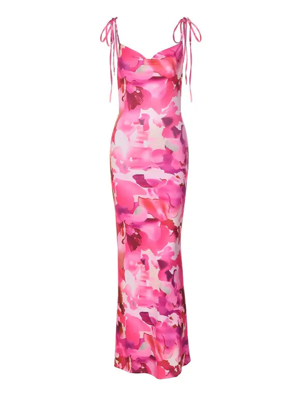 Floral Print Maxi Dress Low Back Pink/White