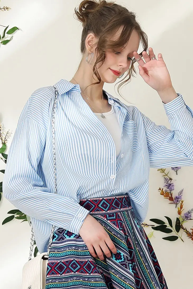 Blue/White Button Down Vertical Stripe Shirt