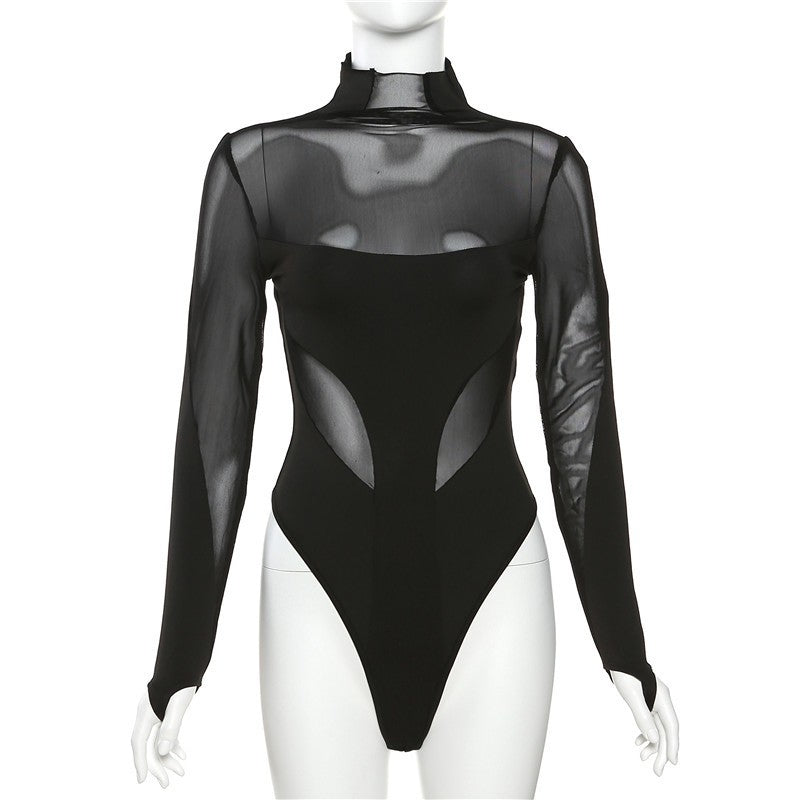 AKIRA All Mesh Arms Turtleneck Bodysuit - Black  Black sheer bodysuit,  Turtleneck bodysuit, Black bodysuit
