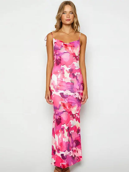 Floral Print Maxi Dress Low Back Pink/White