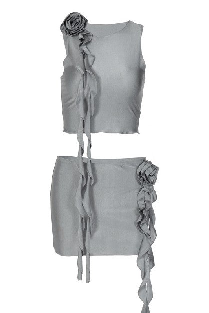 Sleeveless Slim Top Tight Skirt Set Grey