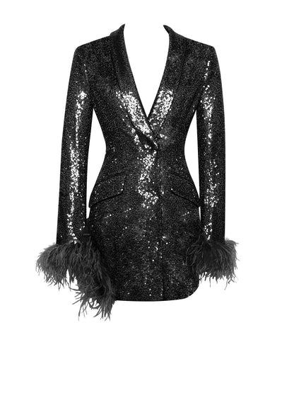 Quesia Black Sequin Feather Trim Blazer Dress