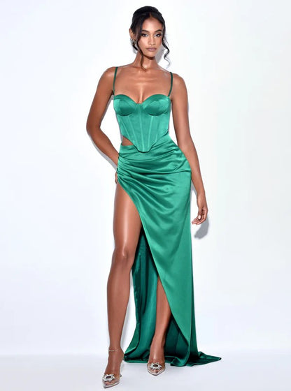 Rylie Emerald Green High Slit Satin Skirt