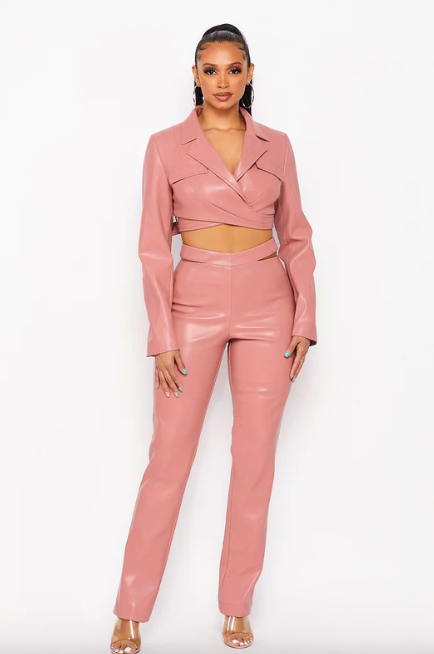 Charisse City Chic Faux Leather Two Piece Set in Pink