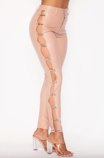 Felicia Faux Leather Pants with Rhinestone Safety Pin Detail in Nude