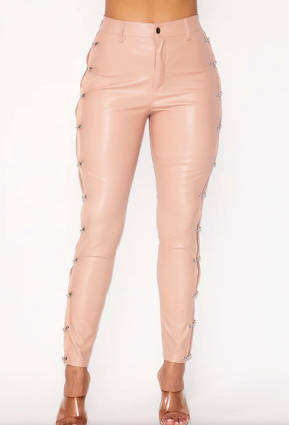 Felicia Faux Leather Pants with Rhinestone Safety Pin Detail in Nude