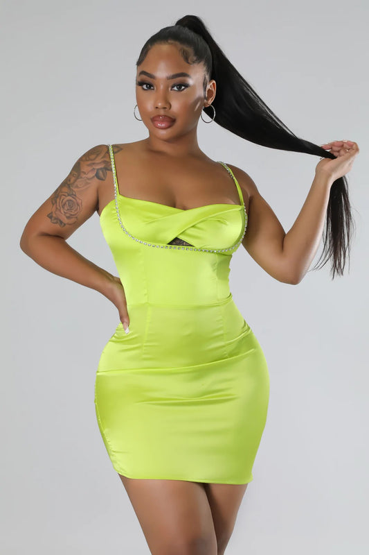 Constance Satin Bodycon Dress with Sequin Detail in Lime Green