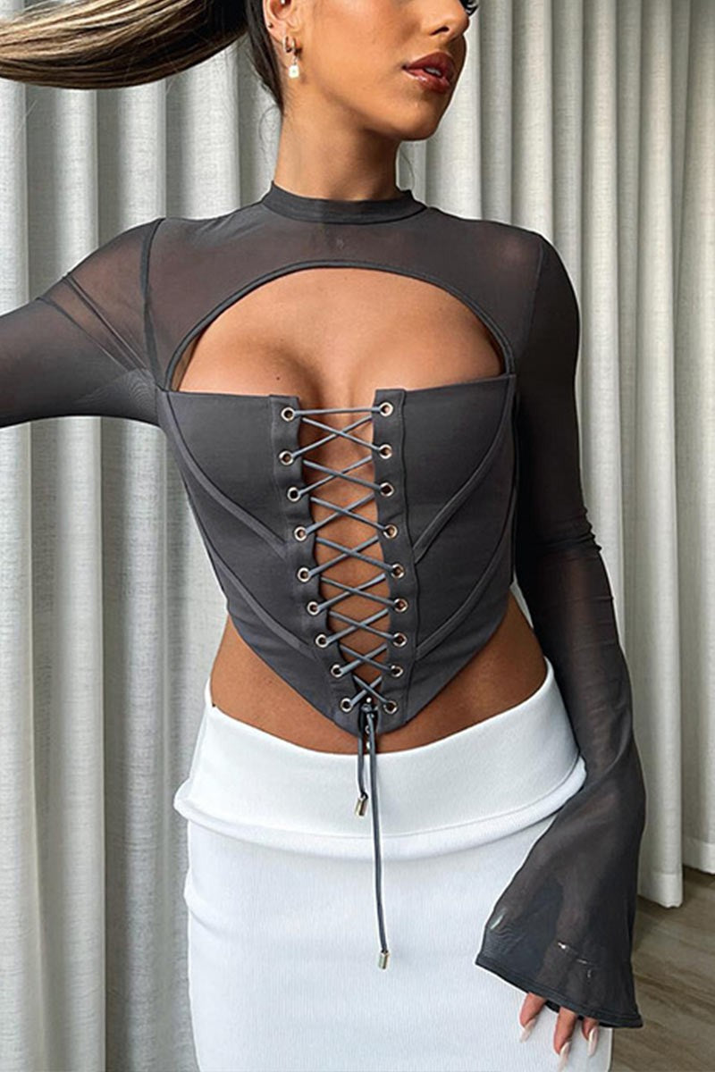 Larsa Mesh Corset Long Sleeve Top in Grey