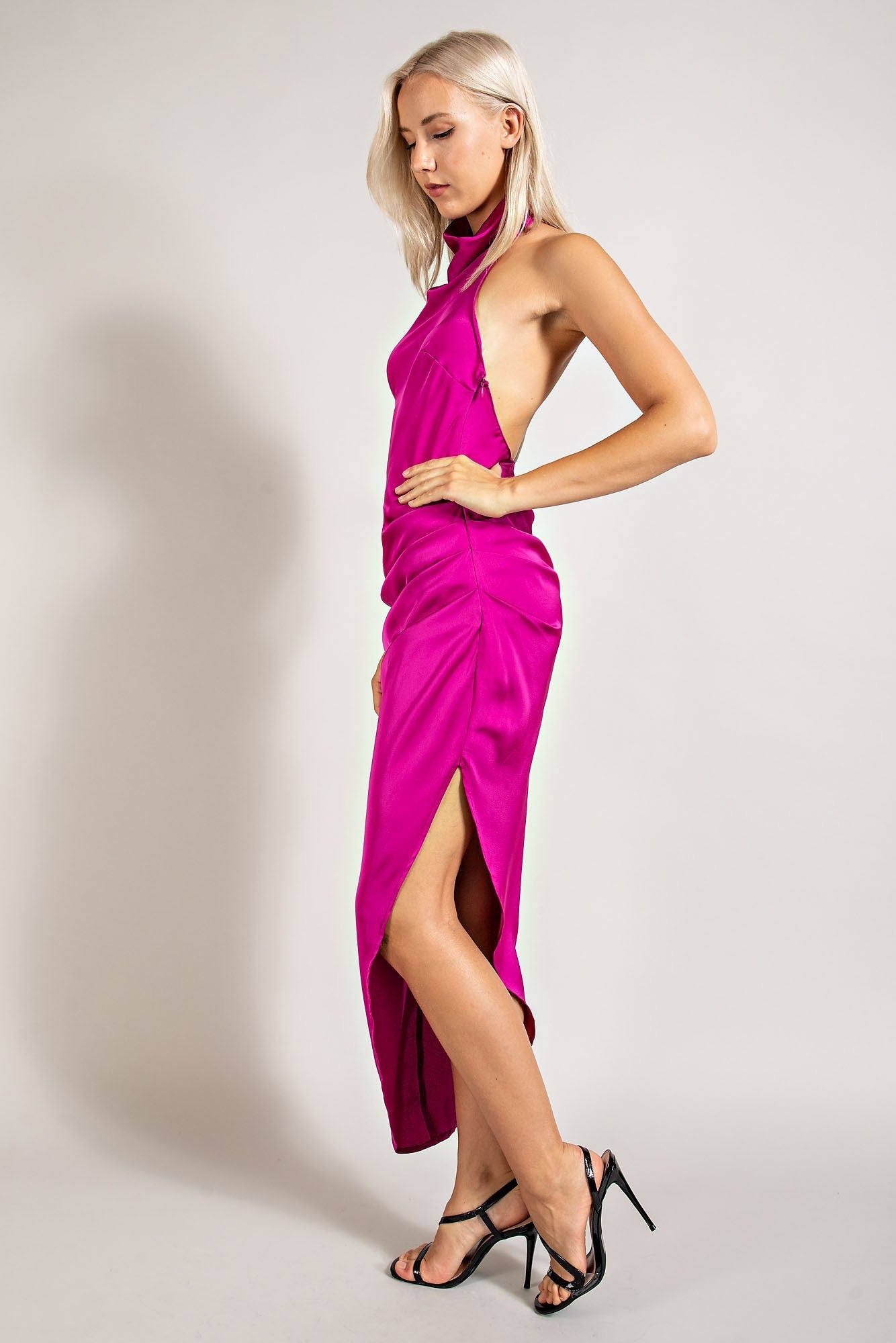 Violeta Satin Assymmetrical Halter Mock Neck Midi Dress (Comes in 2 colors)