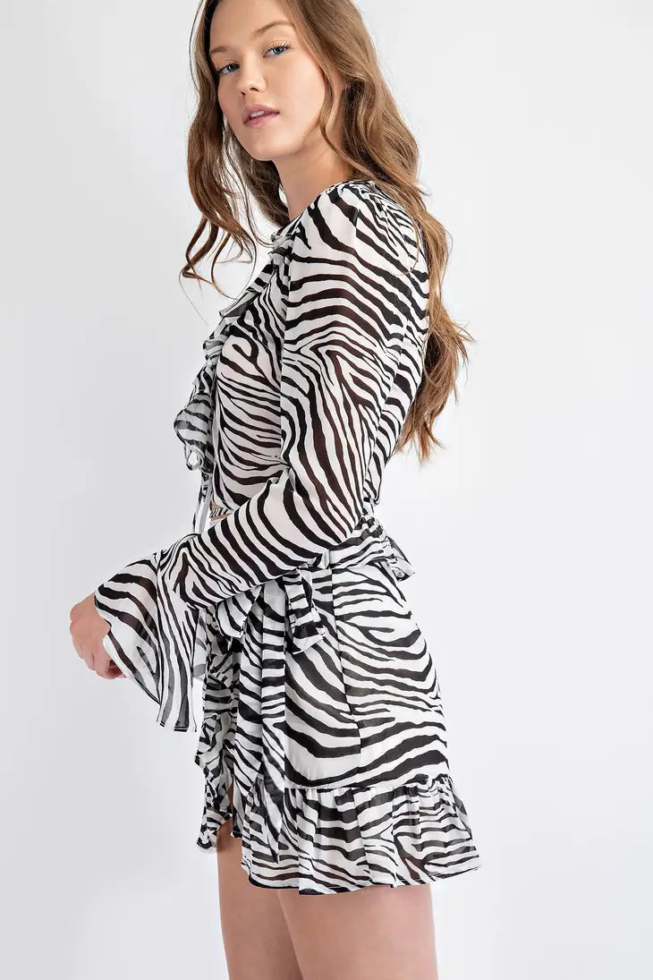 Lani Zebra Chiffon Long Sleeve Ruffle Wrap Mini Dress