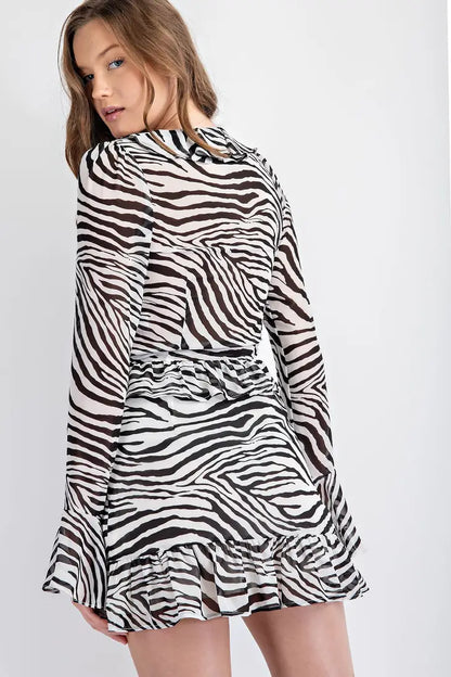 Lani Zebra Chiffon Long Sleeve Ruffle Wrap Mini Dress