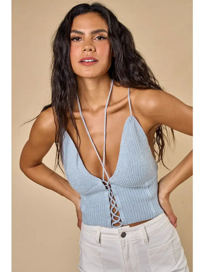 Kylie Lace Up Front Sweater Halter Crop Top