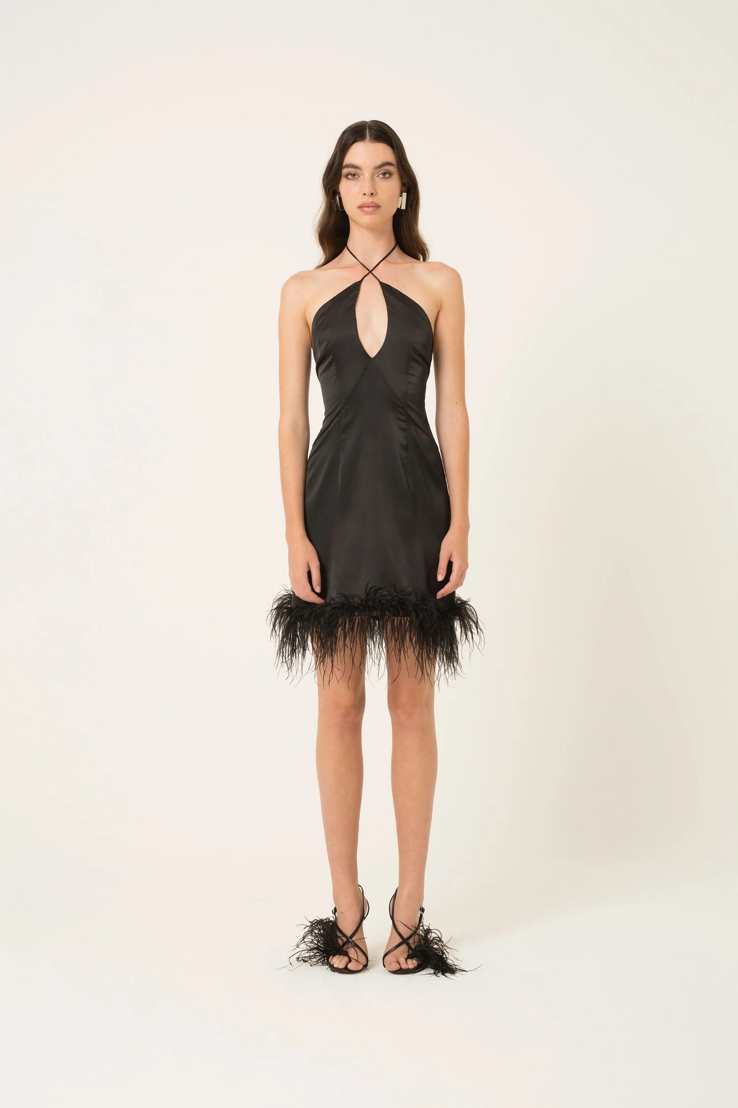 Aaesha Feather Trimmed Satin Mini Dress in Black