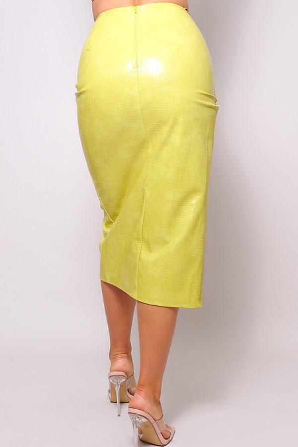 Lana Croc Leather Midi Skirt Chartreuse