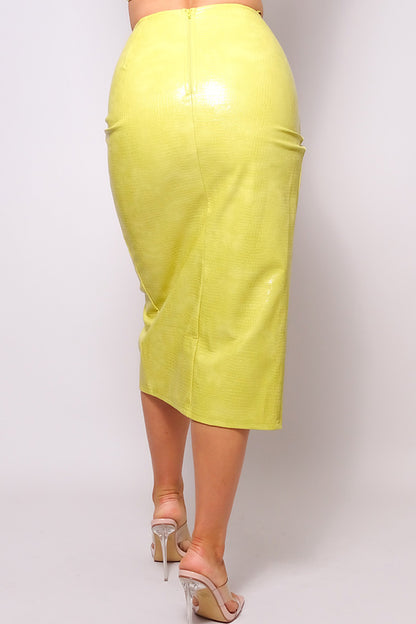 Lana Croc Leather Midi Skirt Chartreuse