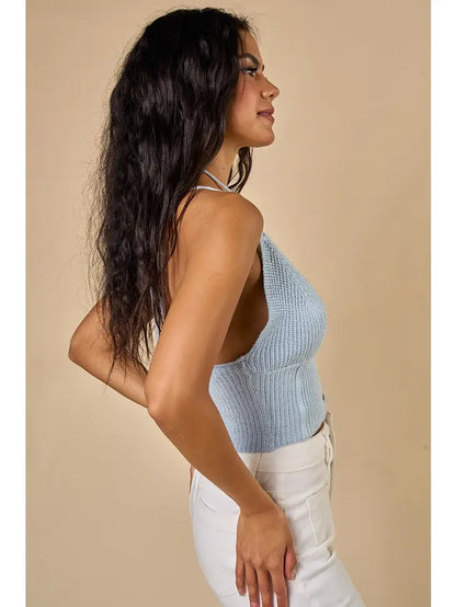 Kylie Lace Up Front Sweater Halter Crop Top