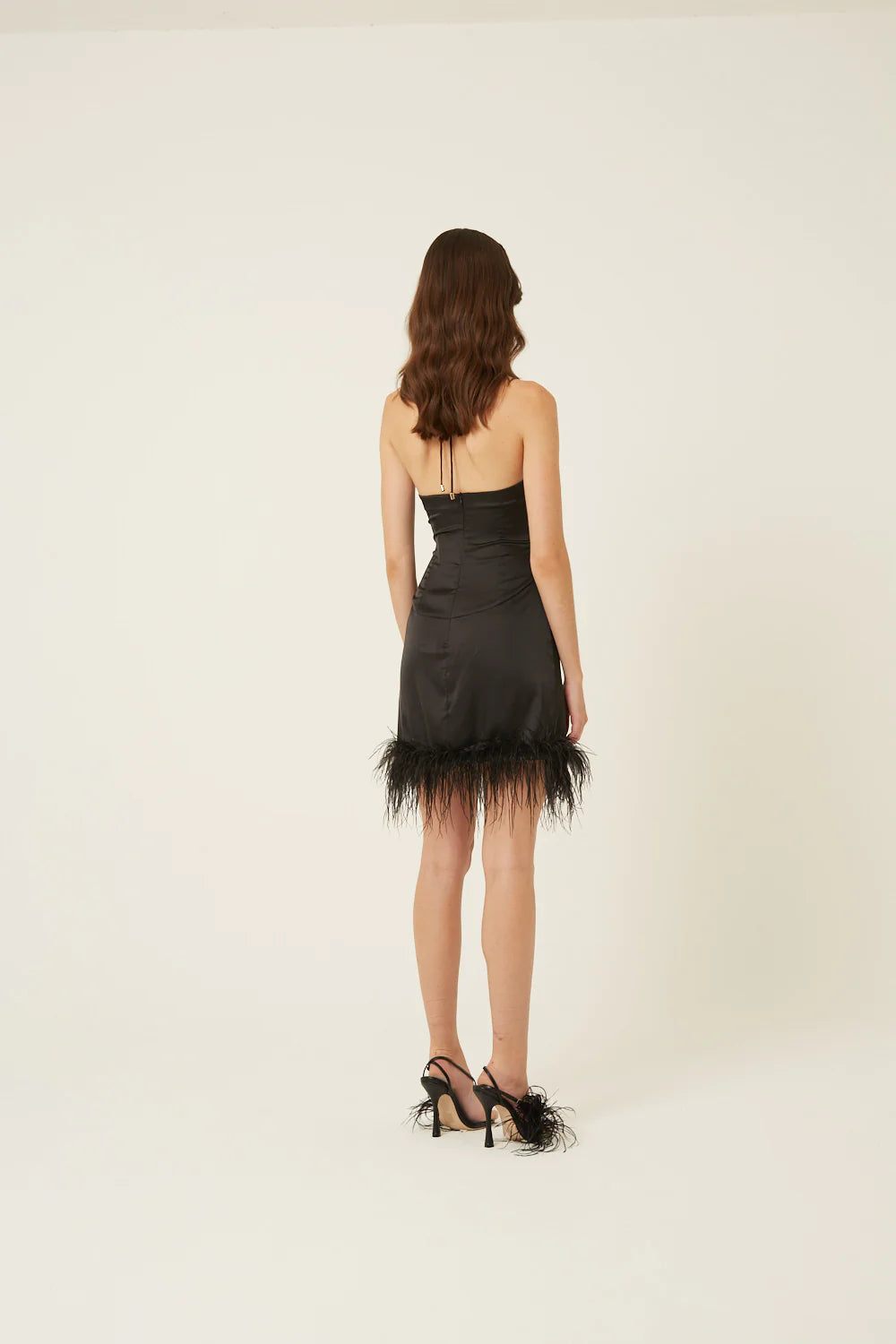 Aaesha Feather Trimmed Satin Mini Dress in Black