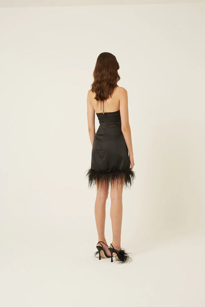 Aaesha Feather Trimmed Satin Mini Dress in Black