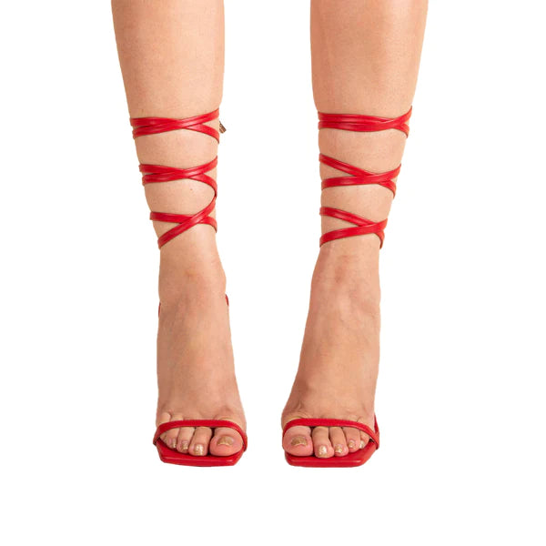 Gleaming Red Strappy Lace Up Sandal Heel