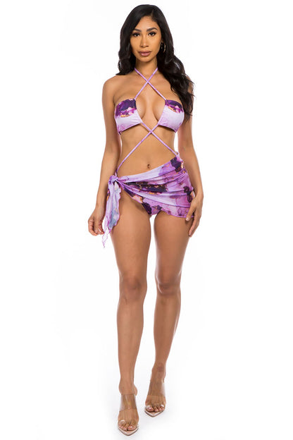 Phoebe 3 Piece Sexy Floral Print Bikini with Mesh Cover Up in Purple