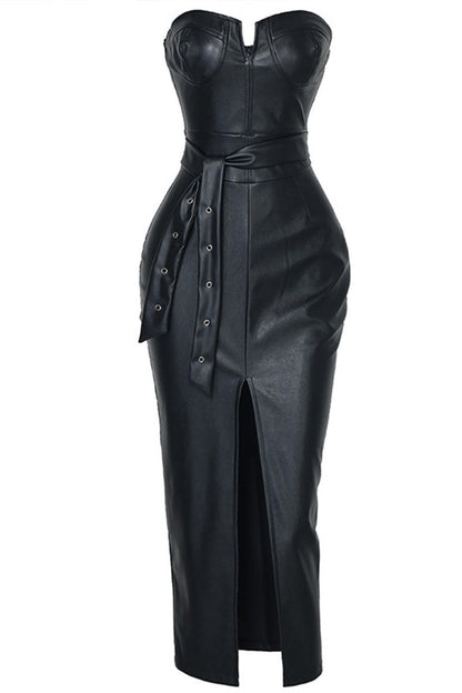 Priscilla Vegan Leather Zip Front Split Thigh Tube Dress