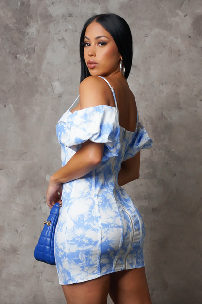 Santorini Blue & White Lace Up Mini Dress