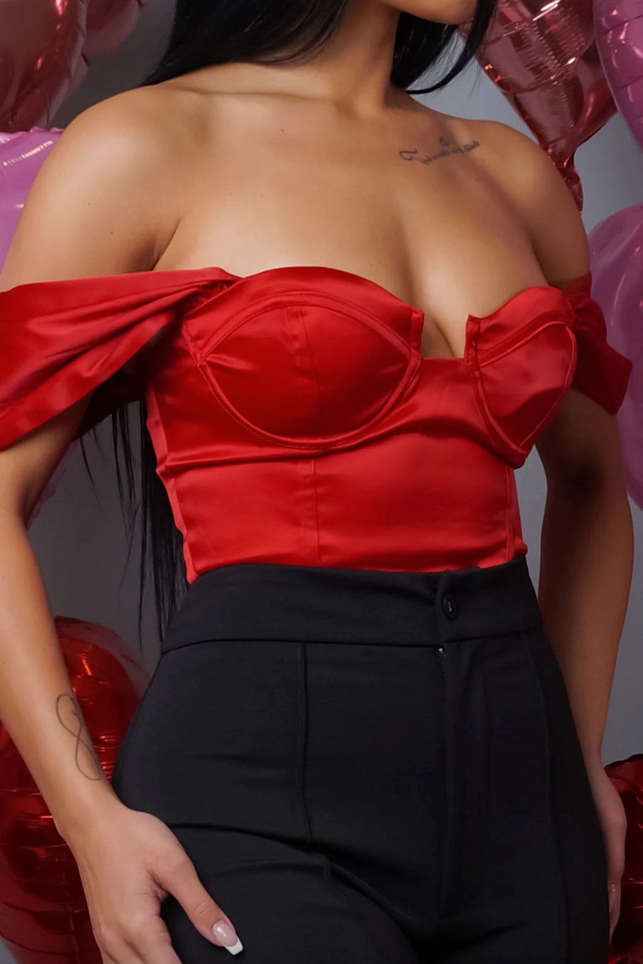 Cassandra Satin Off the Shoulder Bustier in Red