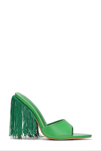 Safina Open Toe Stiletto Heels with Fringe Detail in Green