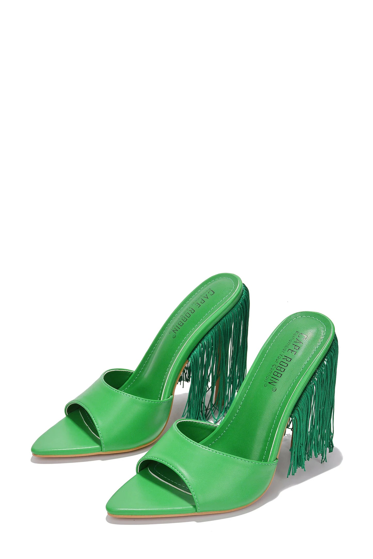 Safina Open Toe Stiletto Heels with Fringe Detail in Green